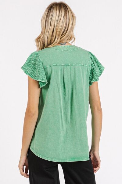 Mittoshop Mix Media Ruffle Short Sleeve Mineral Wash Top Blouses