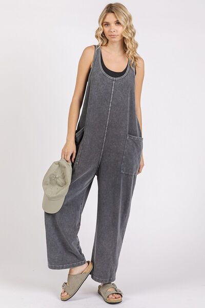 Mittoshop Scoop Neck Wide Leg Overalls Black Jumpsuits