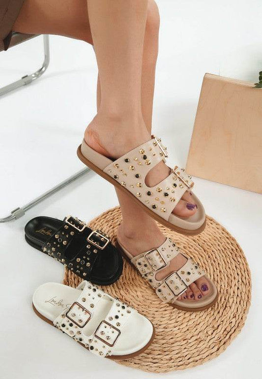 Jayata Metallic Stud Embellished Sliders - Shop Style & More | Fresh Looks, Everyday Deals & Free Shipping