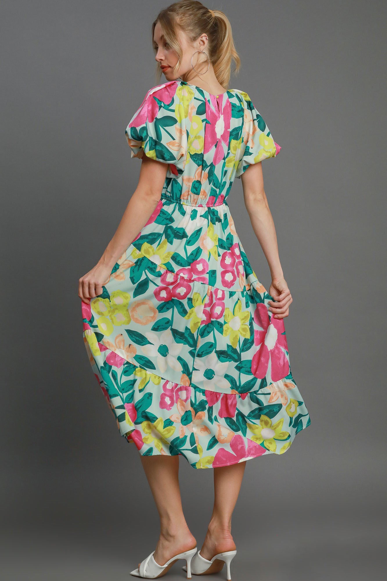 Umgee Full Size Tiered Floral Print Notched Puff Sleeve Midi Dress Plus Size Casual Dresses