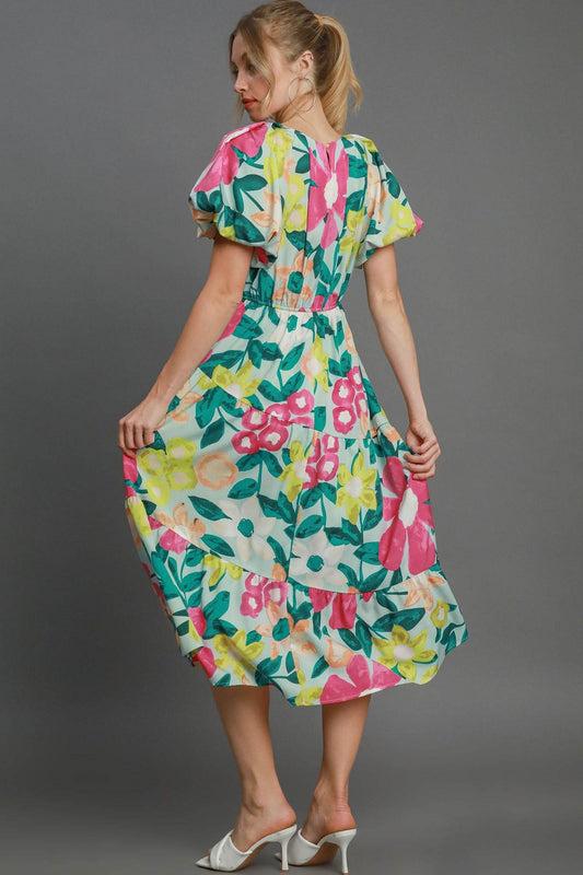 Umgee Full Size Tiered Floral Print Notched Puff Sleeve Midi Dress Plus Size - Shop Style & More | Fresh Looks, Everyday Deals & Free Shipping