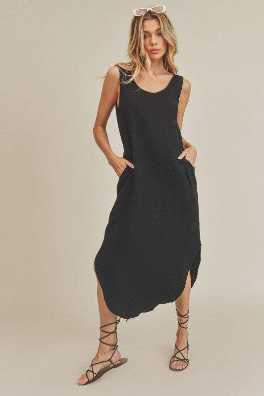 Aemi + Co Round Neck Midi Tank Dress with Pockets Black Casual Dresses