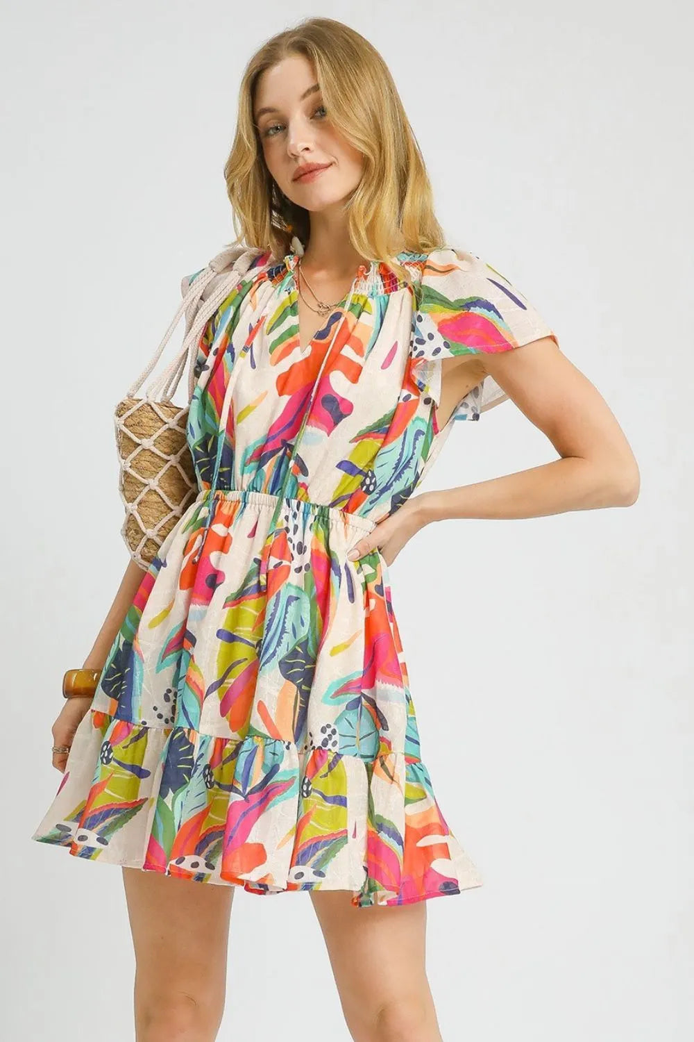 Umgee Printed Tie Neck Ruffled Hem Dress Orange Dresses - Casual Dresses