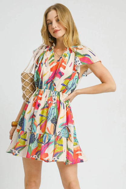 Umgee Printed Tie Neck Ruffled Hem Dress Orange Dresses - Casual Dresses