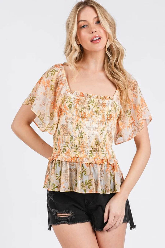 Mittoshop Floral Chiffon Smocked Square Neck Peplum Top - Shop Style & More | Fresh Looks, Everyday Deals & Free Shipping