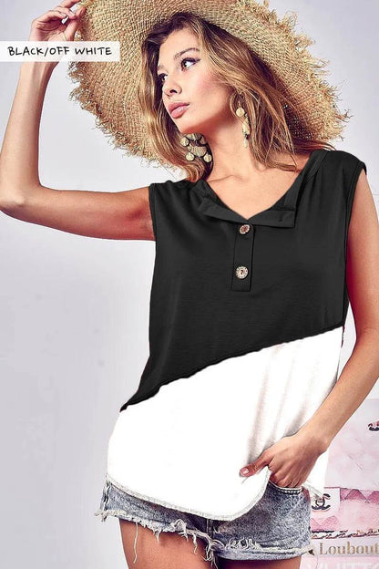 BiBi Color Block Contrast Stitching Buttoned Henley Top - Shop Style & More | Fresh Looks, Everyday Deals & Free Shipping