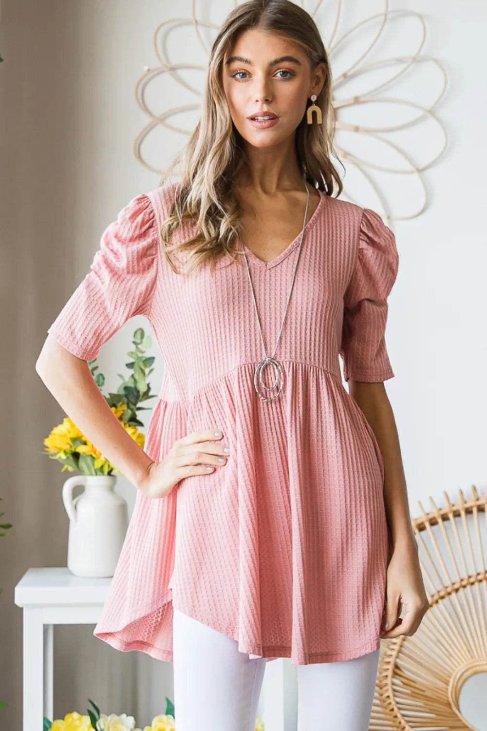 Heimish Full Size Waffle Knit V-Neck Babydoll Top - Shop Style & More | Fresh Looks, Everyday Deals & Free Shipping