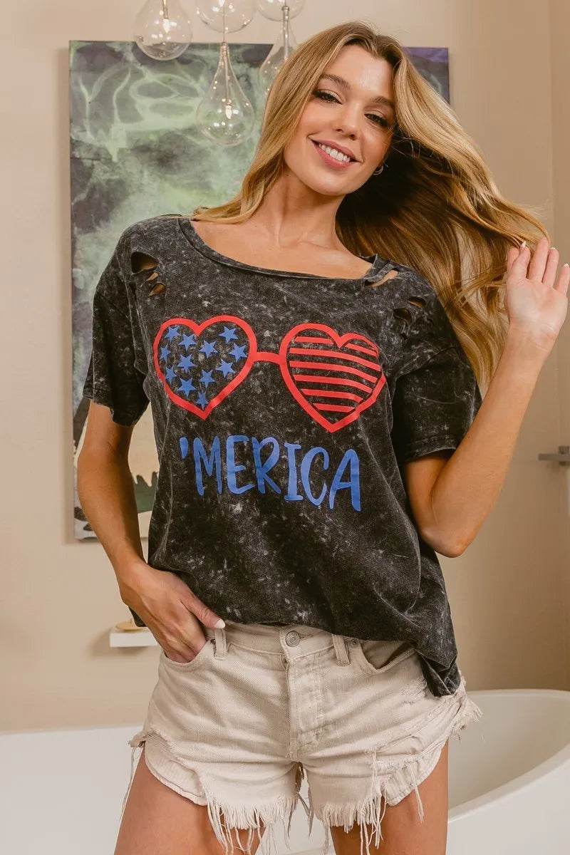 BiBi 4th Of July Theme Mineral Washed Laser Cut Top - Shop Style & More | Fresh Looks, Everyday Deals & Free Shipping