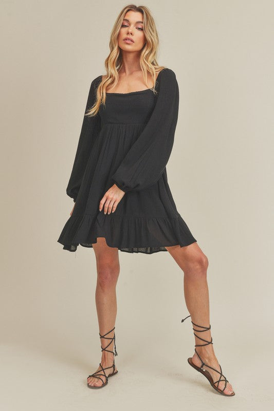 Aemi + Co Ruffled Hem Square Neck Balloon Sleeve Mini Dress Casual Dresses