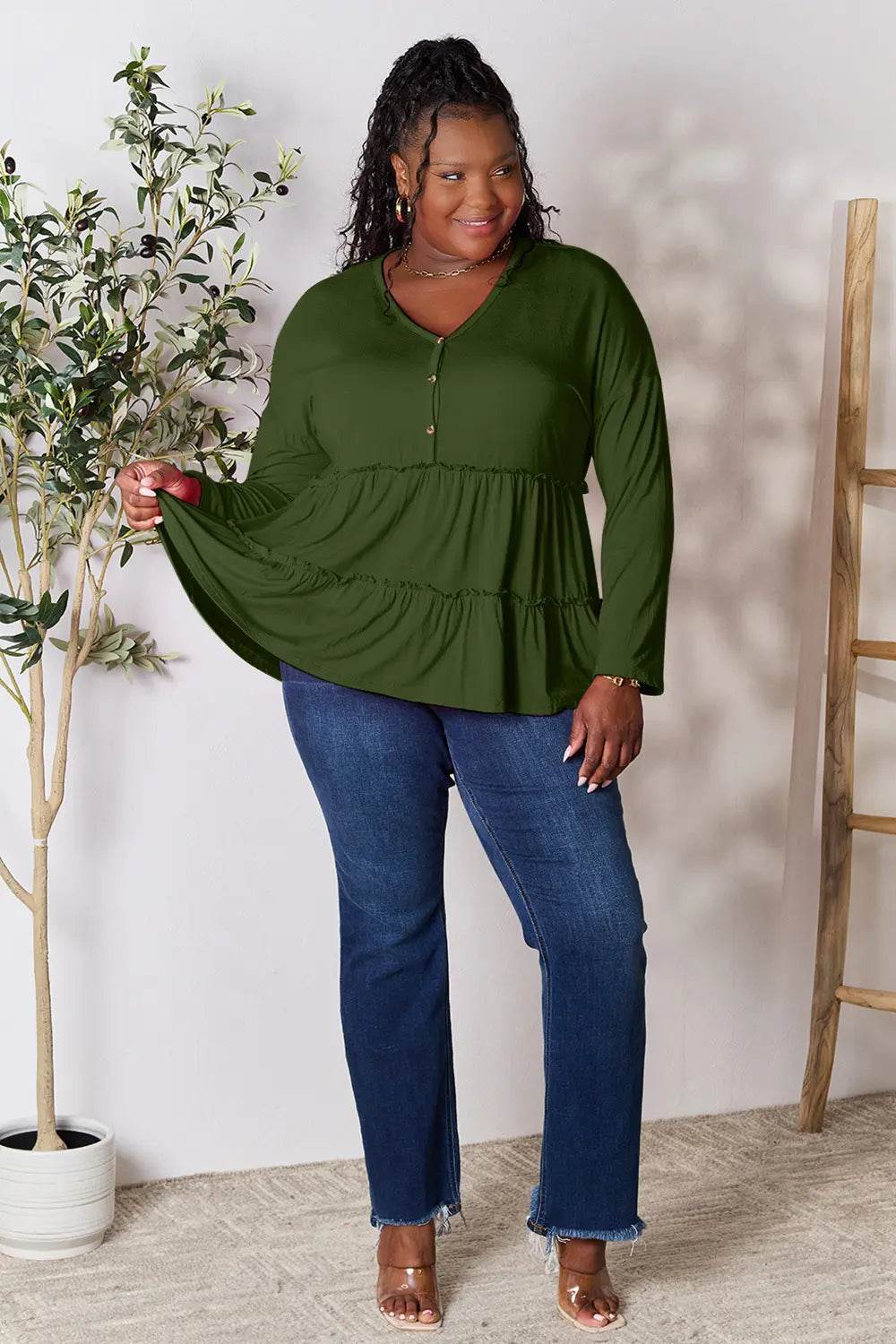 Double Take Half Button Long Sleeve Ruffle Hem Blouse - Shop Style & More | Fresh Looks, Everyday Deals & Free Shipping