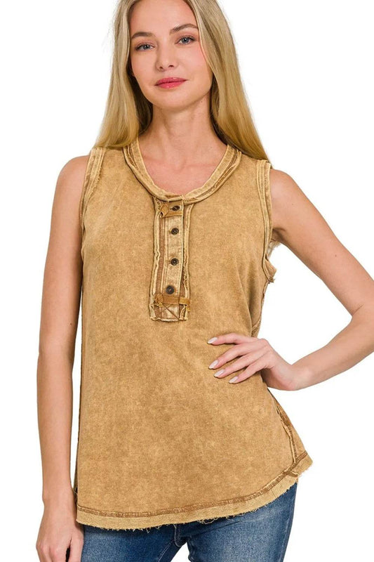 Zenana Washed Half-button Raw Edge Sleeveless Henley Top - Shop Style & More | Fresh Looks, Everyday Deals & Free Shipping