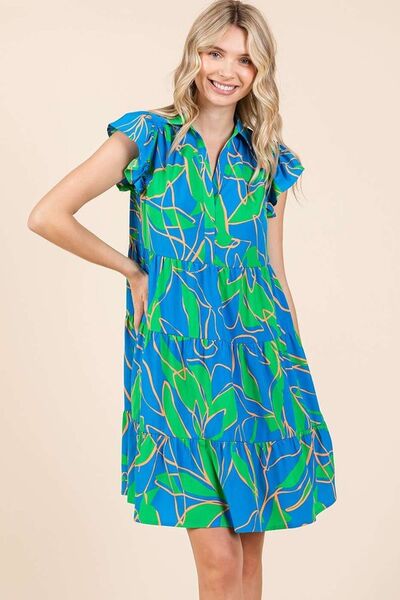 Mittoshop Leaf Print Ruffle Sleeve Tiered Mini Dress Blue Casual Dresses