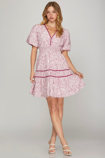 She + Sky Full Size Printed V-Neck Puff Sleeve Tiered Dress Plus Size BERRY Casual Dresses