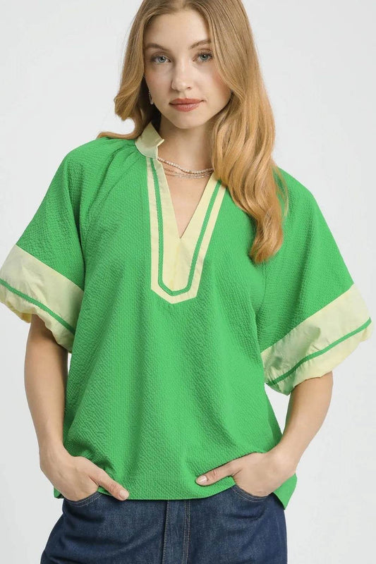 Umgee Contrast Trim Notched Puff Sleeve Blouse - Shop Style & More | Fresh Looks, Everyday Deals & Free Shipping