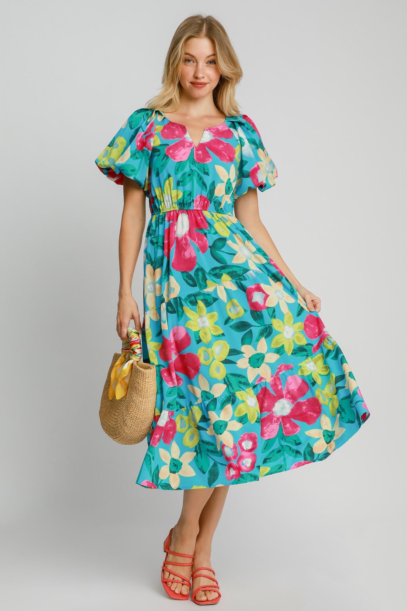 Umgee Full Size Tiered Floral Print Notched Puff Sleeve Midi Dress Plus Size AZUREMIX Casual Dresses