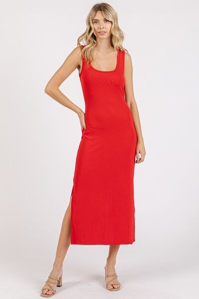 Mittoshop Side Slit Wide Strap Midi Tank Dress Red Casual Dresses