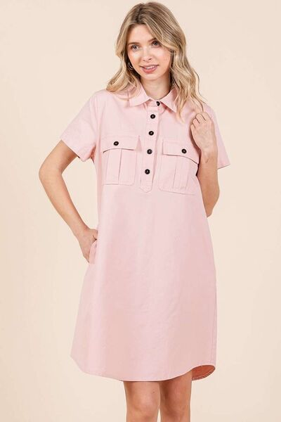 Mittoshop Button Detail Collared Neck Short Sleeve Shirt Dress Casual Dresses