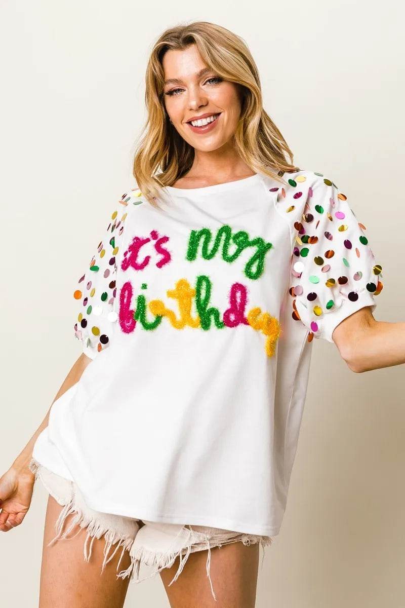 BiBi Metallic Letter Spangle Raglan Puff Sleeve Top - Shop Style & More | Fresh Looks, Everyday Deals & Free Shipping