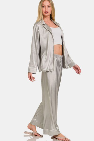 Zenana Satin Long Sleeve Shirt and Pants Pajama Set Lounge Set