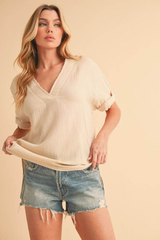 Aemi + Co Side Slit V-Neck Short Sleeve Blouse - Shop Style & More | Fresh Looks, Everyday Deals & Free Shipping