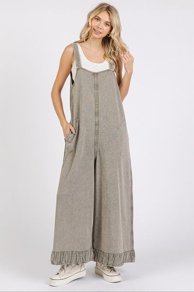 Mittoshop Ruffled Hem Wide Leg Overalls with Pockets Jumpsuits