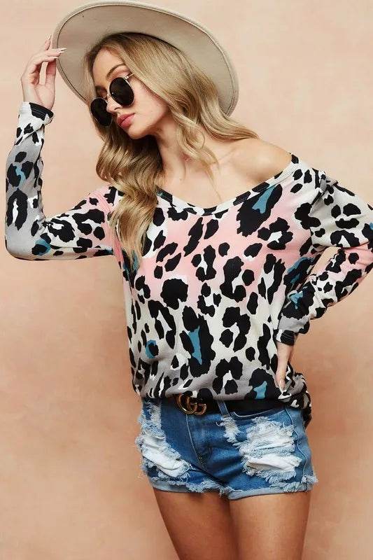 BiBi Gradation Leopard Print Soft Knit Deep U Neck Top - Shop Style & More | Fresh Looks, Everyday Deals & Free Shipping