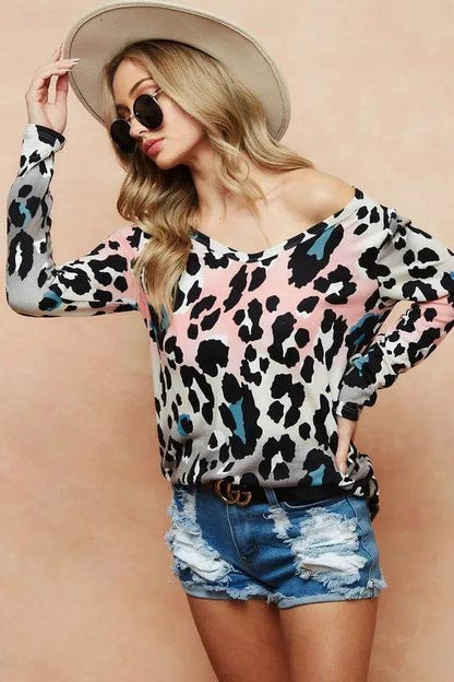 BiBi Gradation Leopard Print Soft Knit Deep U Neck Top - Shop Style & More | Fresh Looks, Everyday Deals & Free Shipping