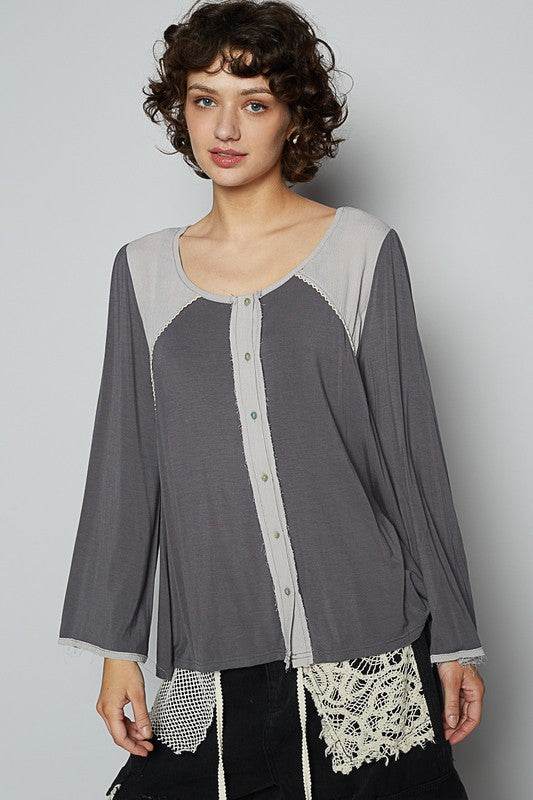 POL Contrast Button Front Long Sleeve Knit Top - Shop Style & More | Fresh Looks, Everyday Deals & Free Shipping