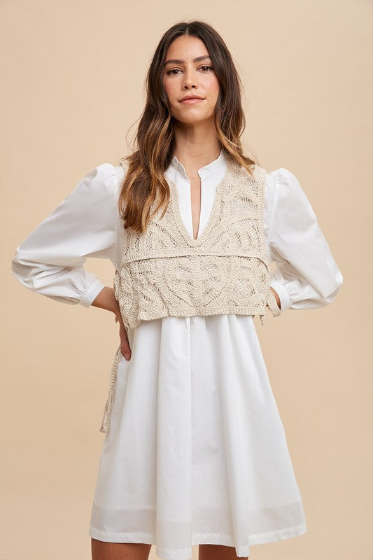 Annie Wear Crochet Vest Shirt Dress with Notched Long Sleeves White Casual Dresses