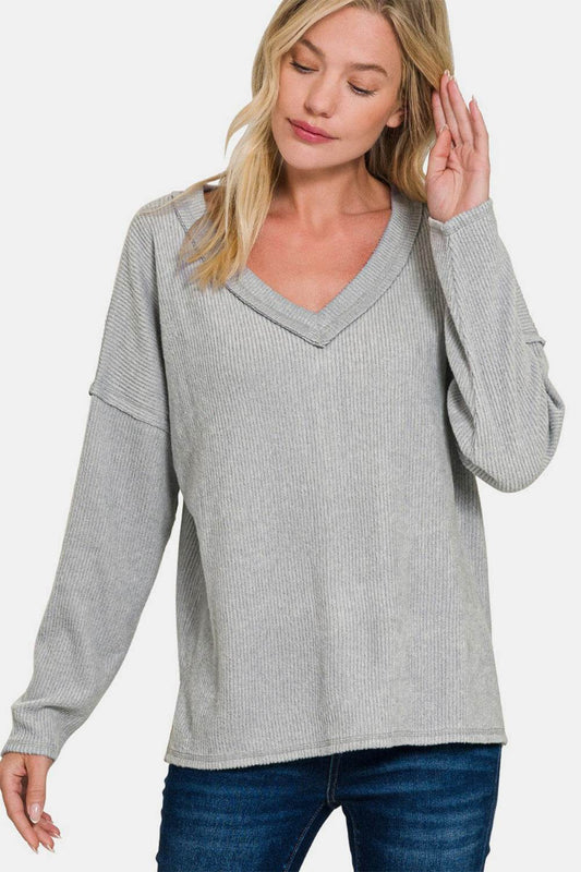 Zenana Full Size Ribbed V-Neck Drop Shoulder Top - Shop Style & More | Fresh Looks, Everyday Deals & Free Shipping