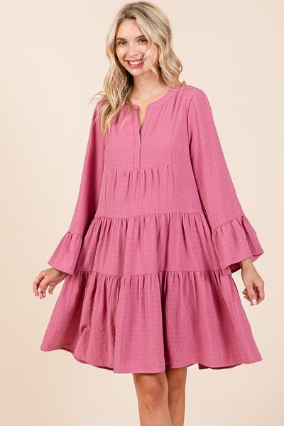 Mittoshop Tiered Notched Flare Sleeve Dress Casual Dresses