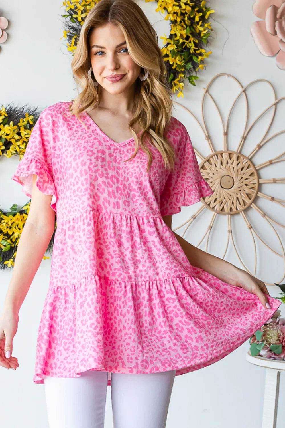 Heimish Full Size Leopard Ruffle Trim Short Sleeve Top - Shop Style & More | Fresh Looks, Everyday Deals & Free Shipping