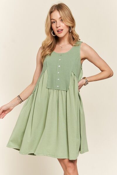 ADORA Decorative Button Sleeveless Babydoll Dress Sage Casual Dresses