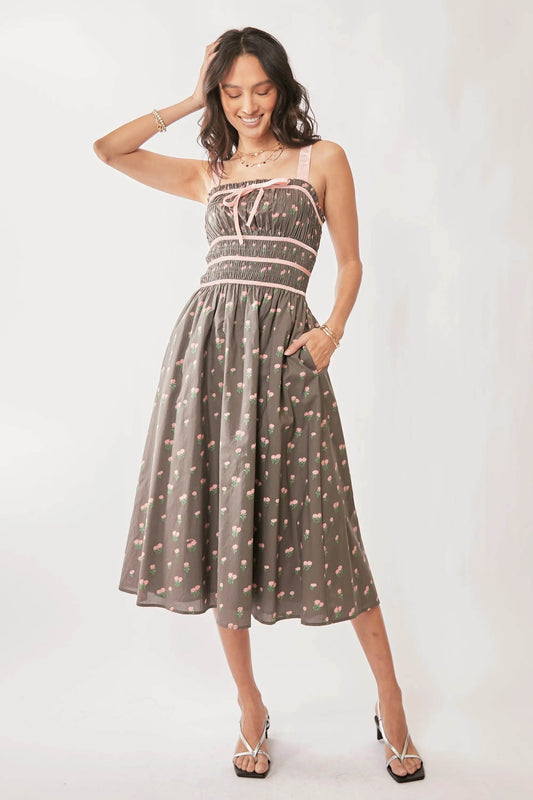 Davi & Dani Contrast Velvet Tape Smocking Bodice Midi Dress - Shop Style & More | Fresh Looks, Everyday Deals & Free Shipping