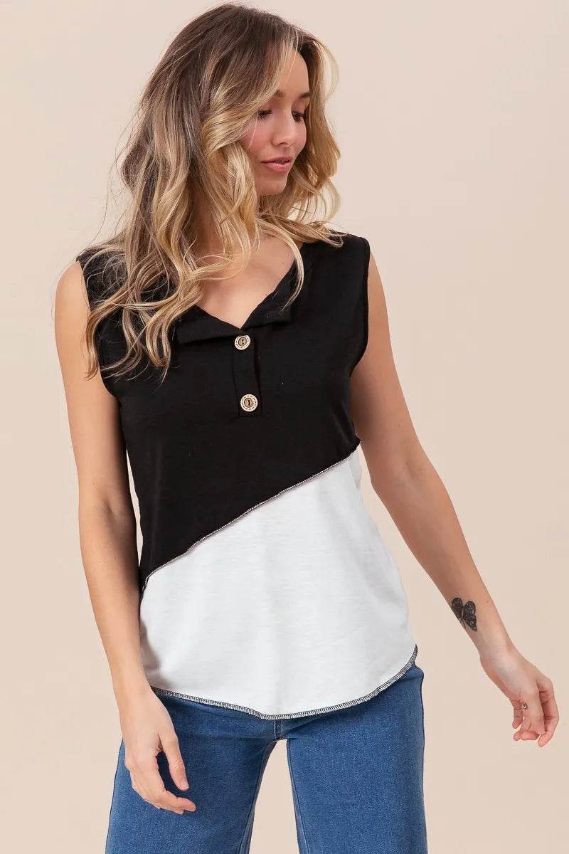BiBi Color Block Contrast Stitching Buttoned Henley Top - Shop Style & More | Fresh Looks, Everyday Deals & Free Shipping