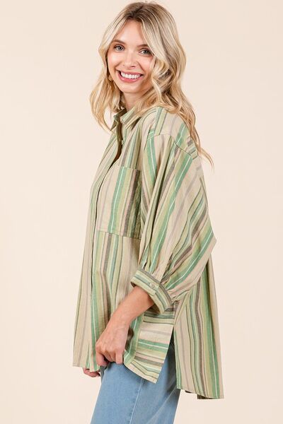 Mittoshop Striped Bubble Sleeve Button Down Shirt Blouses