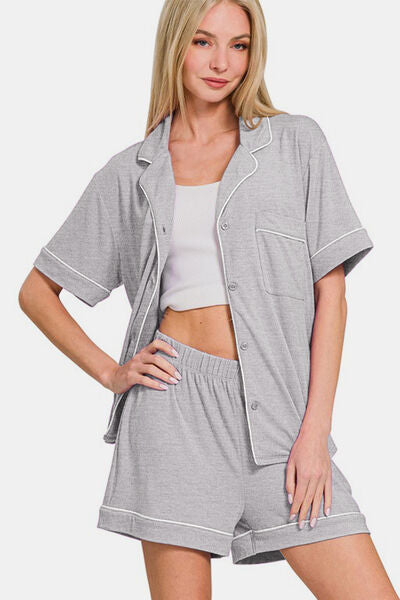 Zenana Button Down Short Sleeve Top and Shorts Lounge Set Lounge Set