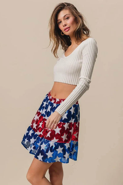 BiBi American Flag Theme Star Sequin Tiered Skirt - Shop Style & More | Fresh Looks, Everyday Deals & Free Shipping
