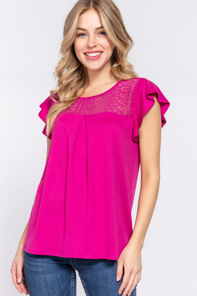 ACTIVE BASIC Ruffle Lace Knit Top with Short Sleeves and Lace Detail MAGENTA Blouses