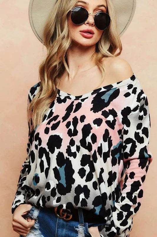 BiBi Gradation Leopard Print Soft Knit Deep U Neck Top - Shop Style & More | Fresh Looks, Everyday Deals & Free Shipping