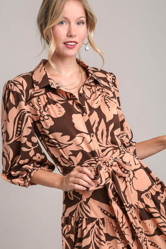 Umgee Full Size Two Tone Floral Print Puff Sleeve Tie Waist Dress Plus Size - Shop Style & More | Fresh Looks, Everyday Deals & Free Shipping