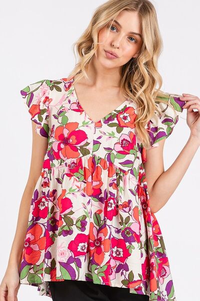 Mittoshop Floral V-Neck Ruffled Cap Sleeve Blouse Blouses