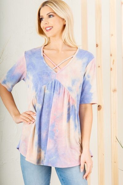 Heimish Full Size Crisscross Tie Dye Babydoll Top Plus Size Blouses