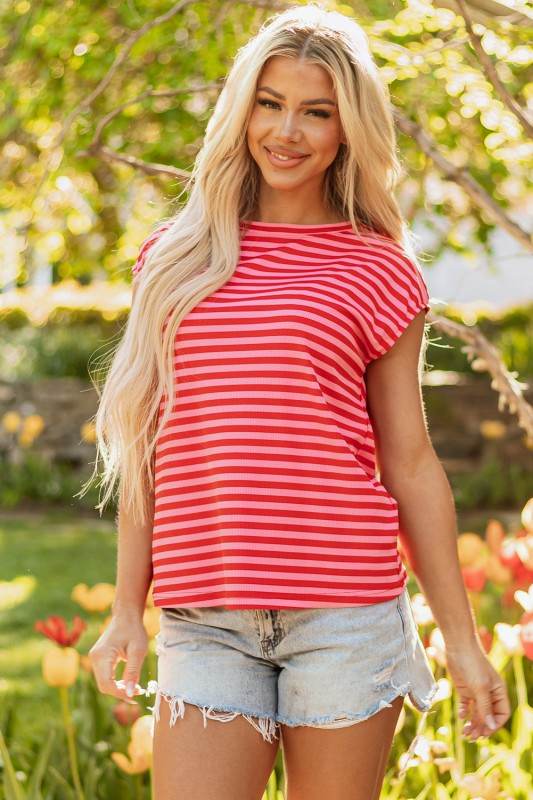 Sarahi Stripe Ribbed Cap Sleeve Round Neck Top - Shop Style & More | Fresh Looks, Everyday Deals & Free Shipping