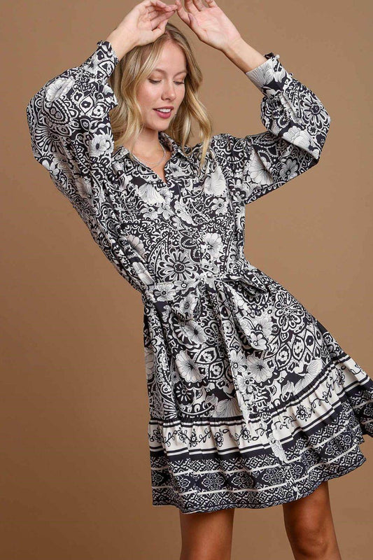 Umgee Full Size Two Tone Floral Border Print Tie Waist Mini Dress Plus Size - Shop Style & More | Fresh Looks, Everyday Deals & Free Shipping