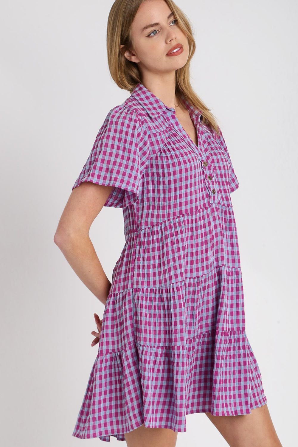 Umgee Full Size Gingham Tiered Button Detail Short Sleeve Dress Plus Size Casual Dresses