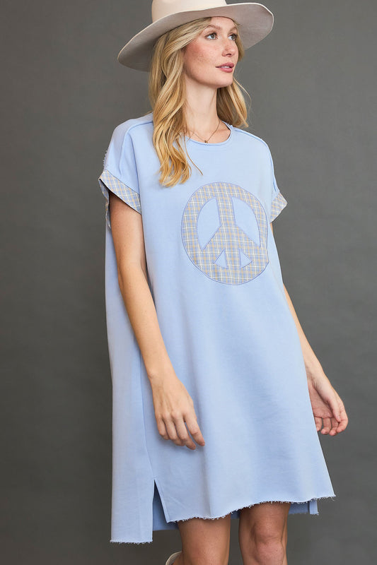 Umgee Peace Plaid Applique Short Sleeve Mini Dress Light Blue Casual Dresses