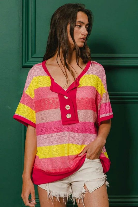BiBi Multi Color Stripe Hacci Button Detail Ringer Top - Shop Style & More | Fresh Looks, Everyday Deals & Free Shipping
