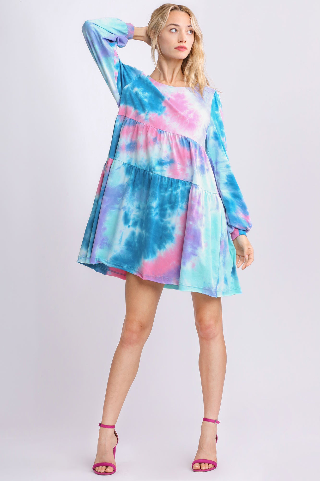 Umgee Full Size Tie Dye Round Neck Long Sleeve Babydoll Tiered Dress Plus Size Casual Dresses