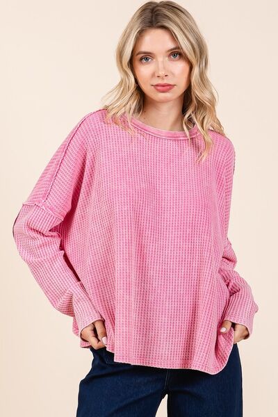 Mittoshop Waffle-Knit Exposed Seam Round Neck Top BARBIE PINK Blouses